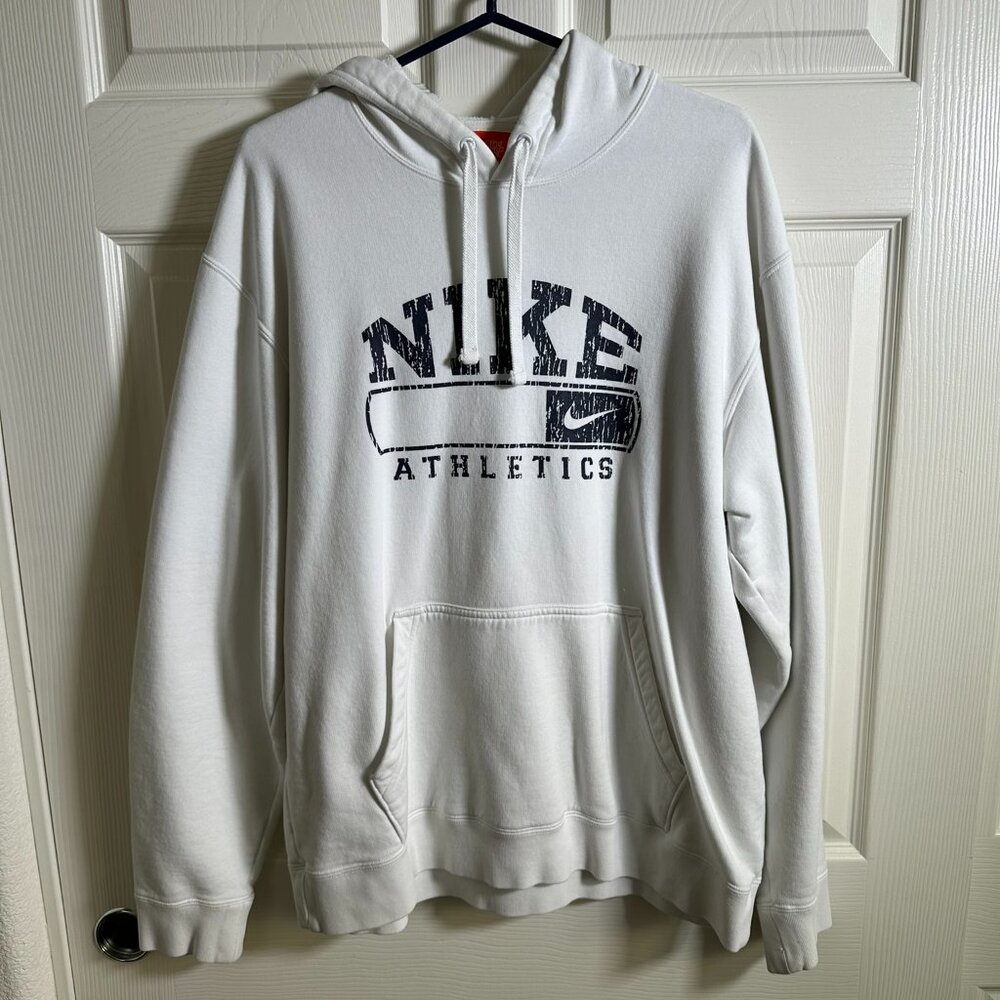 Nike Athletic Dept. Vintage White and Navy-Blue Athletics Hoodie - Large